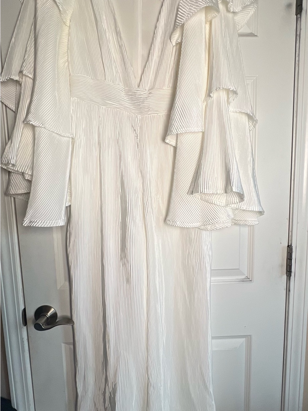 Boohoo White Satin Layered Ruffle Sleeve Wide Leg Jumpsuit